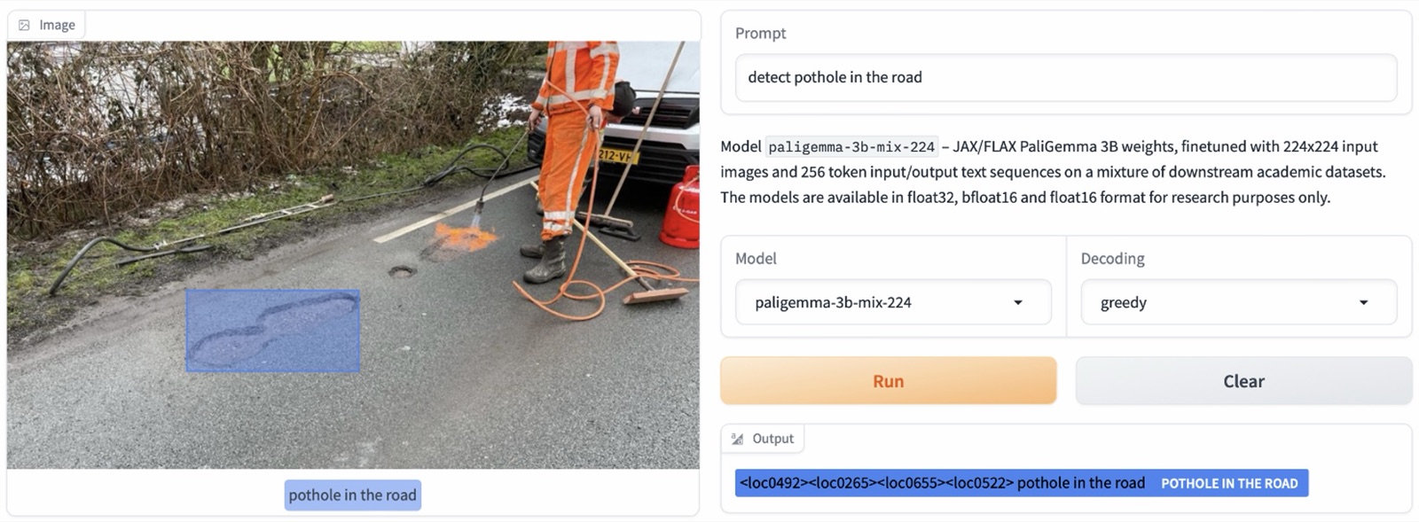 PaliGemma demo that draws a box around a pothole in a road photo from the prompt detect pothole in the road
