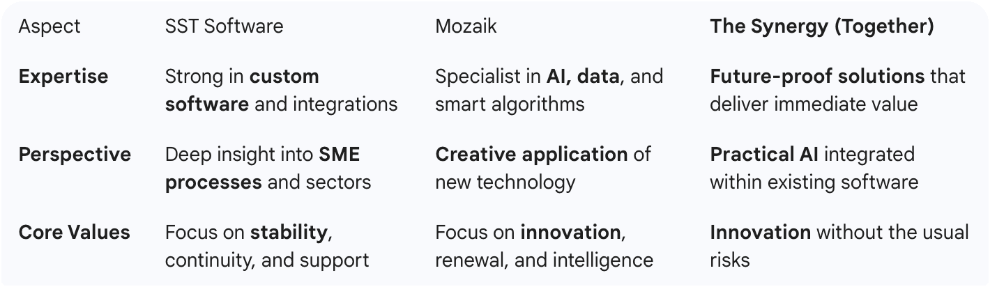 Table comparing the expertise, perspective and core values of SST Software, Mozaik and the two combined